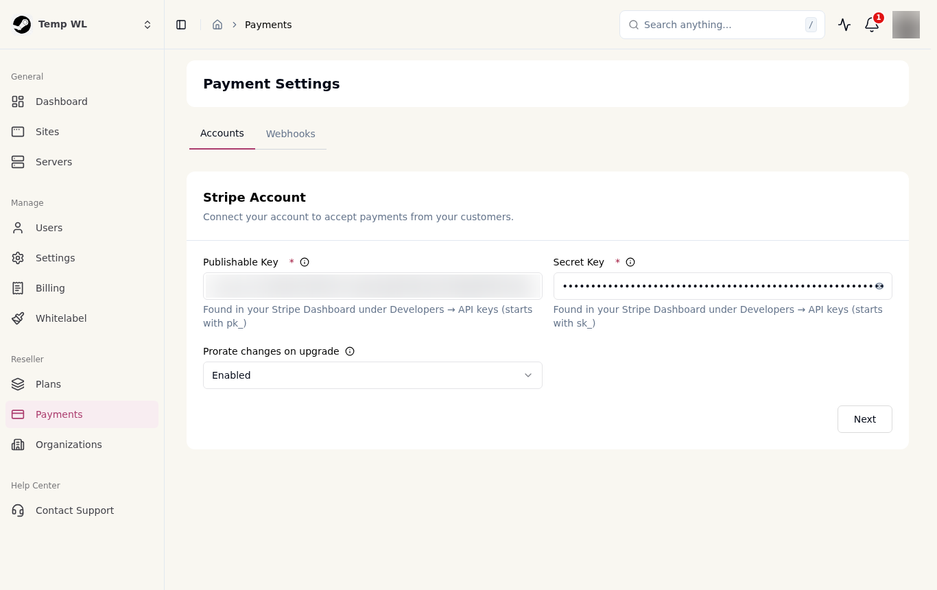 The Payments page, where you paste your Stripe keys