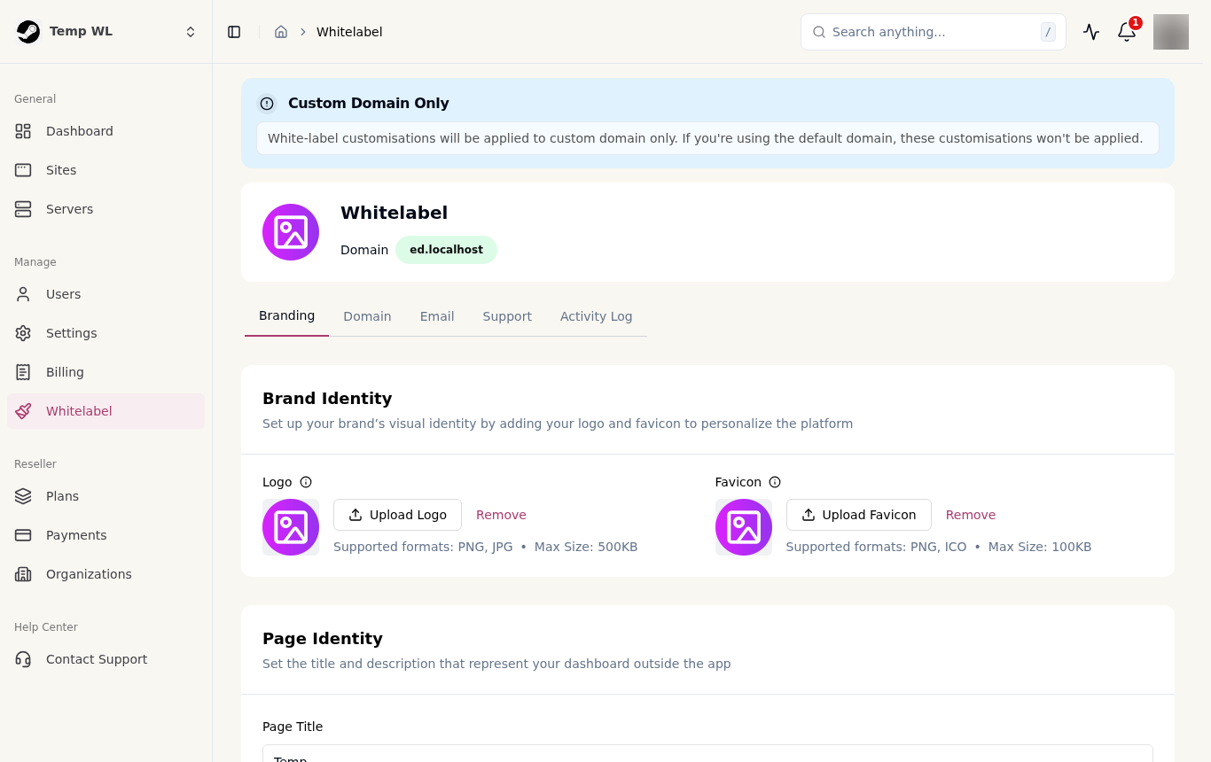 The Branding tab: logo, favicon and page identity