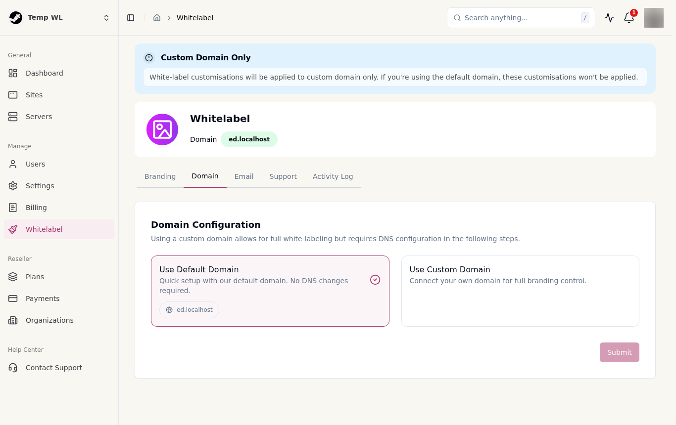 The Domain tab: default domain or your own