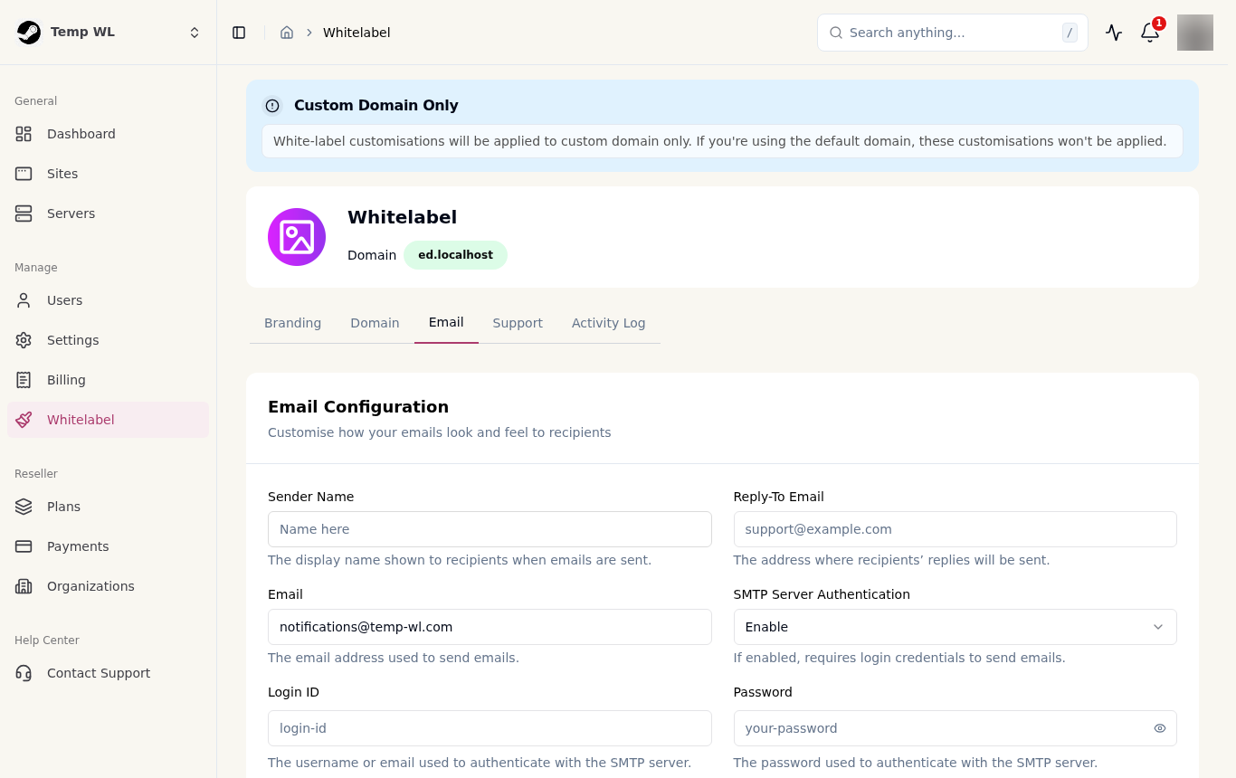 The Email tab: sender details and SMTP