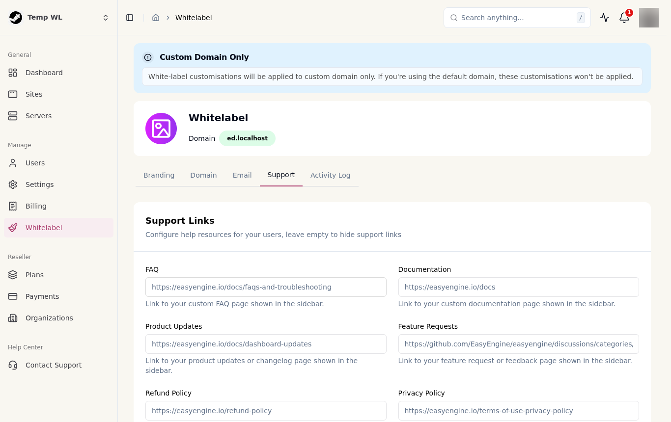 The Support tab: your help and policy links