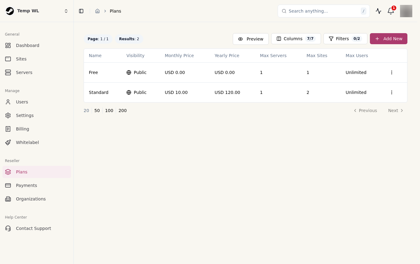 The Plans page listing your own plans and prices