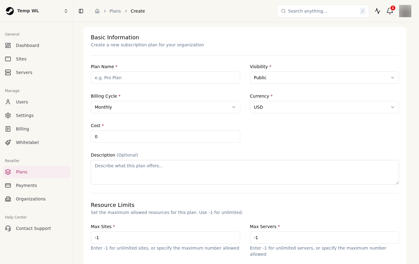 Creating a plan: name, price, billing cycle and resource limits