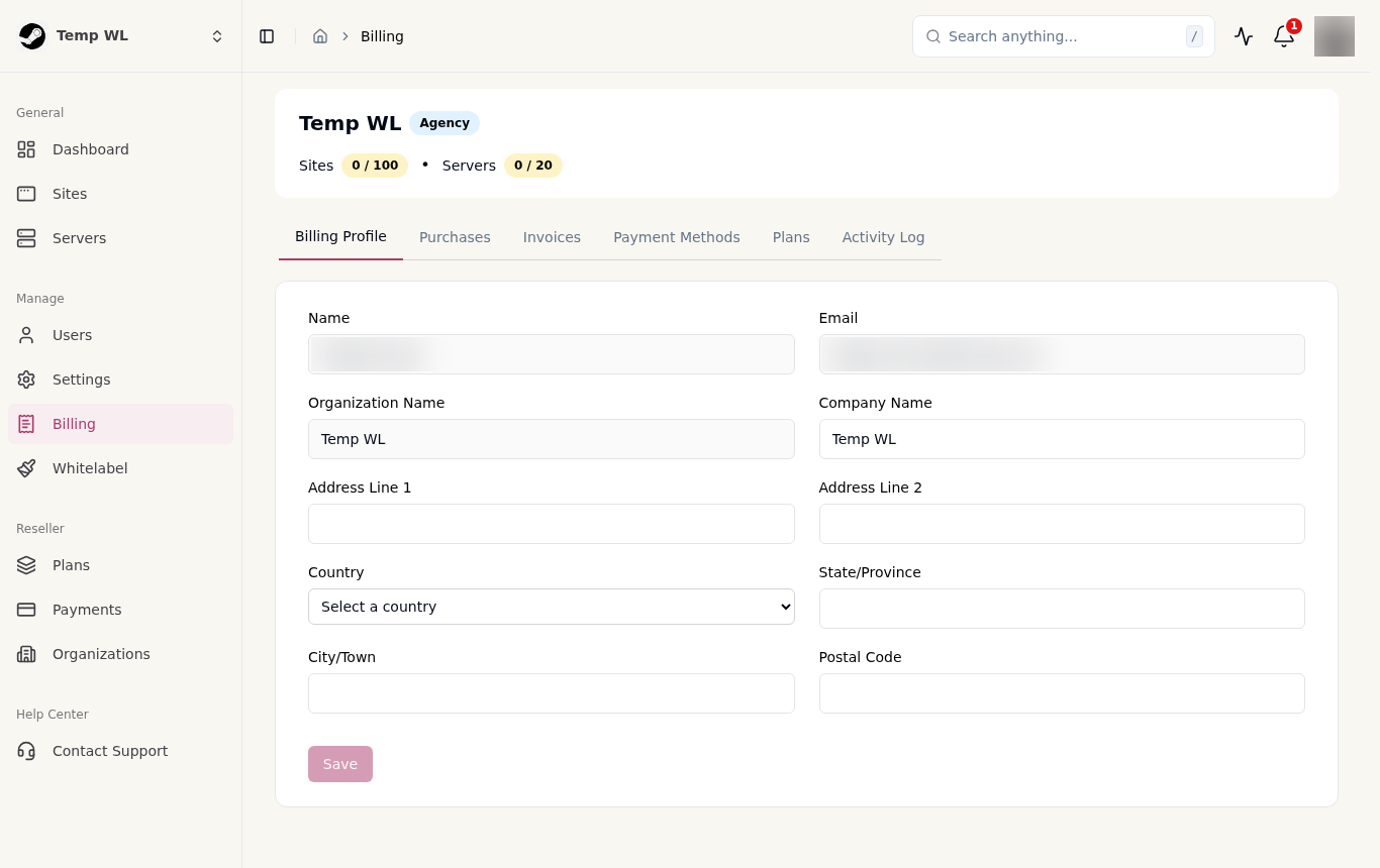 The Billing page showing the plan and resource usage